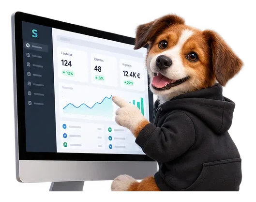 Mascota Sofelyx analizando la gestión de ventas, almacén y finanzas