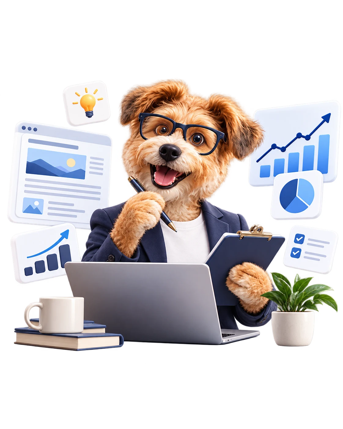 Mascota Sofelyx analizando datos, gráficos y contenidos
