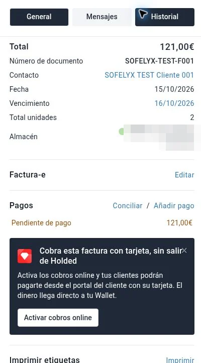 Factura guardada en demo de Holded