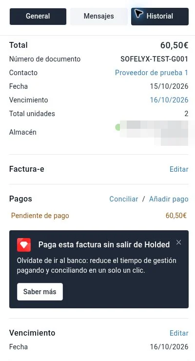 Compra ficticia registrada en Holded
