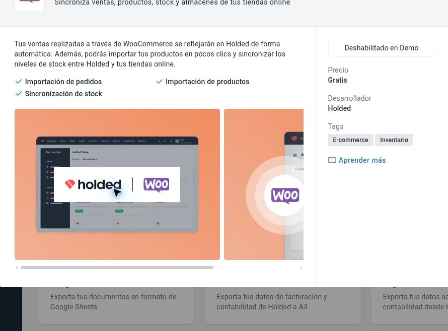 Integración WooCommerce deshabilitada en demo de Holded