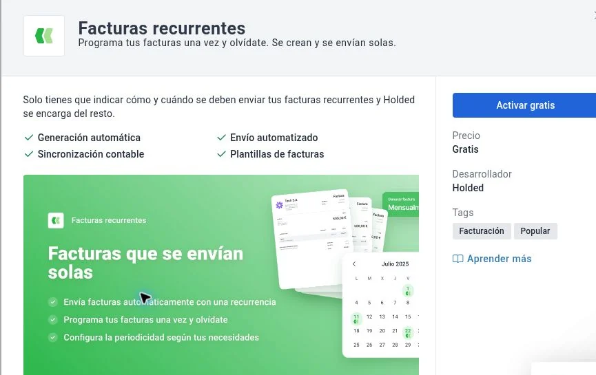 Ficha de facturas recurrentes en Holded